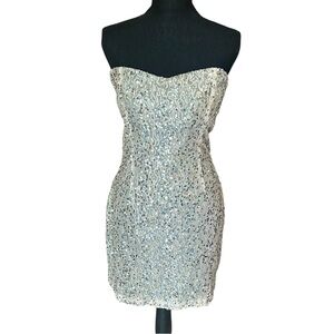 Vintage Trixxi Sequin Strapless Mini Dress Champagne Gold Size 9 Y2K Party
